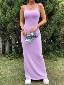 SHEIN EZwear Women's Basic Purple Spaghetti Strap Dress, Suitable For Summer Afternoon Tea Party,Summer Dresses For Women - Purple - View 3