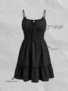 Olithes Y2K甜美前卫黑色褶皱抽绳荷叶边吊带迷你连衣裙；法式度假风黑色褶皱腰部荷叶边细肩带连衣裙；极简暗黑学院风黑色抽绳褶皱荷叶边吊带摆裙；柔美风黑色褶皱腰部荷叶边吊带迷你连衣裙；优雅休闲风黑色抽绳褶皱荷叶边吊带办公连衣裙 - 黑色 - 查看 9