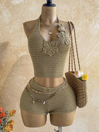 Soleia Women's Vacation Beach Floral Decor Backless Halter Knit Top And Shorts 2 Pieces Set