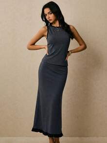 Lymera Spring/Summer New Women's Fashion Minimalist Versatile Commuting Knit Striped Camisole + Ruffle Hem Skirt 2-Piece Set - Multicolor - View 3