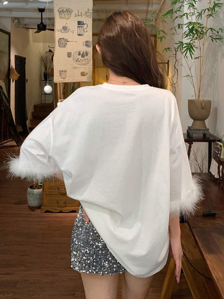 Women's Casual Versatile Solid Color Fuzzy Decor T-Shirt