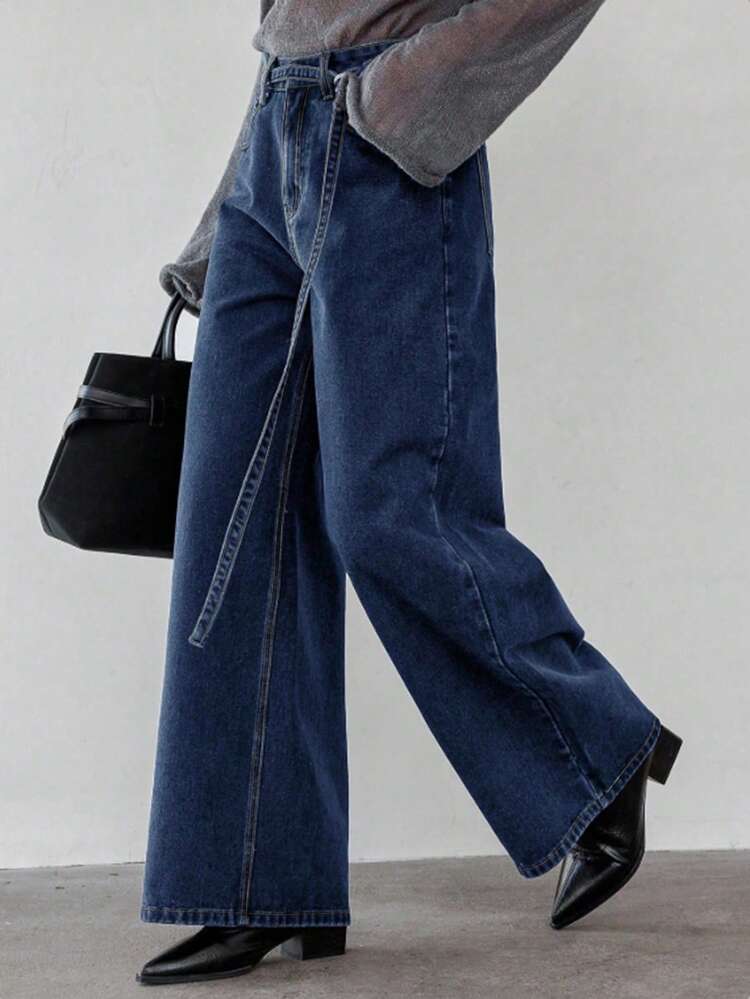 Women's Vintage Washed Raw Color Casual Straight Leg Jeans With Drawstring Waist, Suitable For Autumn And Spring
