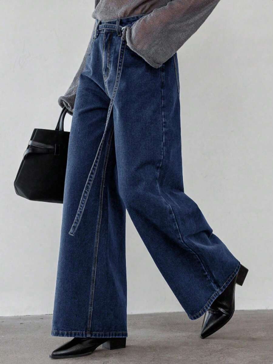 Dazy-Less Women's Vintage Washed Raw Color Casual Straight Leg Jeans With Drawstring Waist, Suitable For Autumn And Spring - Dark Wash - View 1