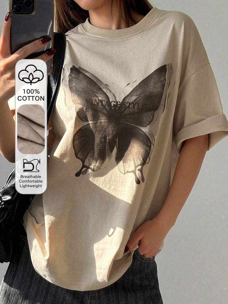 Women's Butterfly Print Round Neck Drop Shoulder Casual Loose T-Shirt Graphic Tees Women