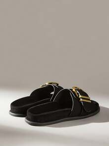 Women's Fashion Brown Comfortable Flat Beach Sandals For Christmas Summer Shoes - Black - View 4