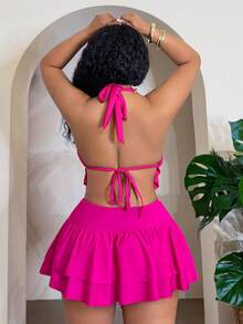 Slaydiva Plus Size Fuchsia Casual Vacation Halter Tankini Set With Cover-Up Skirt - Hot Pink - View 2