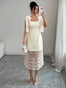 Elenzga Women's Lace Patchwork Shoulder Knot Elegant Waist Cinched Midi Party Dress - Multicolor - View 5