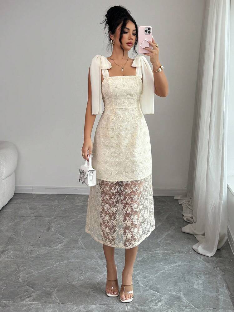 Elenzga Vestido de fiesta midi elegante con cintura ceñida, parches de encaje y nudo en el hombro para mujer - Multicolor - Añade 5