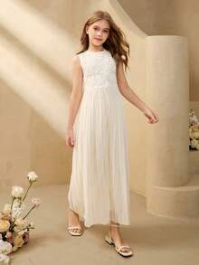 SHEIN 女童杏色纯色蕾丝3D刺绣连体裤，女童春夏无袖背心褶皱裤连体裤，适合日常、生日及各种聚会场合 - 白色 - 查看 7