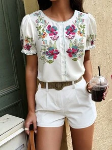 Selianne Women's White Floral Floral Printed Fashionable Holiday Style Shirt,Summer Boho Blouses,Modest Vacation Summer Tops Vacation - Multicolor - View 6