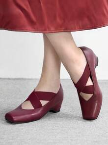 CUCCOO BIZCHIC Zapatos de mujer con punta cuadrada y tacón de cuña burdeos mate con estilo retro, versátiles para uso diario - Burdeos - Ver 5