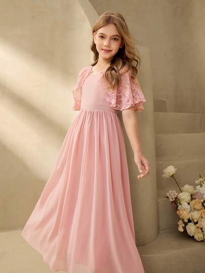 Elegant Purple Lace Chiffon Dress For Tween GirlsSuitable For Evening Party, Christmas, Halloween, Prom, Wedding, Graduation And Other Occasions