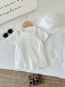 SHEIN 男女通用新生儿两件套100%纯棉柔软舒适可爱白色连体衣套装，含围兜裤和渔夫帽，婴儿服装套装，春夏款 - 白色 - 查看 2