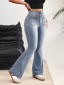 Rivivi Quần jeans nữ ống loe cạp cao, chất liệu denim mài, kiểu dáng thường ngày. - Rửa nhẹ - Xem 4