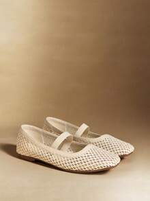 Rosivie 黑色网眼编织舒适简约透气弹力带女士平底鞋，优雅度假风和波西米亚风 - 編織網杏色 - 查看 4