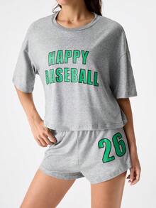 Miss Vinta Letter Graphic Drop Shoulder Top & Shorts Lounge Set Outfit - Light Grey - View 6