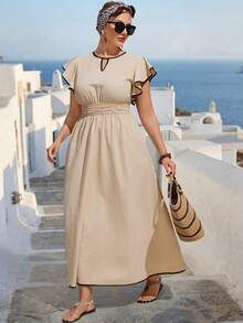 Linhara CURVE Đầm nữ cổ chữ V, xếp ly eo, thanh lịch, thích hợp đi làm, ăn tối với bạn bè, dạo phố, phong cách tối giản sang trọng, mùa xuân/hè. - Màu be - Xem 9