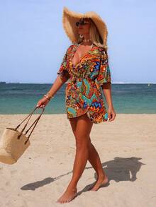 Swim Chiccia 春夏度假风深V领印花连衣裙，蝙蝠袖收腰沙滩罩衫，性感 - 彩色 - 查看 5
