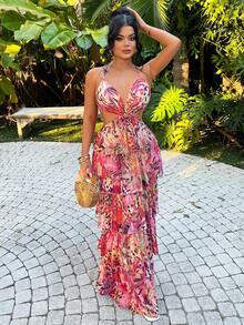 SHEIN SXY Đầm hoa hở lưng cổ yếm dáng xòe cho kỳ nghỉ, có bèo nhún, mùa hè, mùa xuân, đi biển, Ibiza, đầm hoa cho nữ, đầm nghỉ mát gợi cảm phong cách Boho, trang phục đi biển cho nữ, bộ váy đầm nghỉ mát 2 mảnh phong cách Boho, bộ đồ nghỉ mát 2 mảnh cho nữ, trang phục nghỉ dưỡng cho nữ, đầm đi biển cho nữ, đầm che bikini, đầm 2 mảnh, trang phục mùa hè cho nữ, đầm đi biển - Nhiều màu - Xem 5