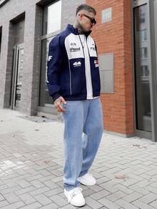 Artur Kramer 男士撞色拉链字母印花休闲长袖户外风衣夹克外套，外出字母长袖赛车夹克，适合朋友、丈夫、男朋友的礼物，适合秋季 - 藍色 - 查看 4