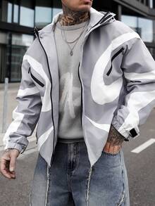 Artur Kramer Contrast Color Patchwork Design Men's Hooded Long Sleeve Jacket, Light Windbreaker Y2k Techwear Jacket - Grey - View 4