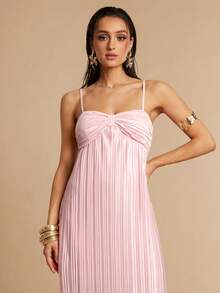 Silquee 女士纯色褶皱优雅吊带裙 - 粉色 - 查看 5