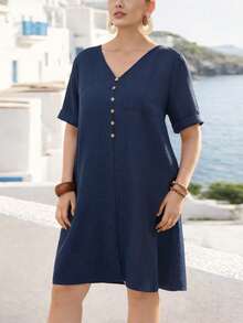 EMERY ROSE Plus Size Women V-Neck Simple Versatile Vacation Casual Comfortable Loose A-Line Midi Dress - Blue - View 7