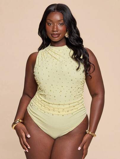 SHEIN BAE Plus Size Women Sexy Fitted Beaded Ruched Bodysuit