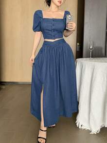 DAZY 泡泡袖露脐上衣搭配牛仔裙，女士休闲度假装扮 - 藍色 - 查看 7