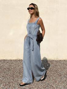 DAZY Women's Waist Belt Loose Fit Straight Leg Casual Denim Jumpsuit Y2k - Light Wash - View 5