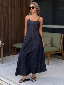 Women Denim Dresses - Dark Washed Blue - View 2