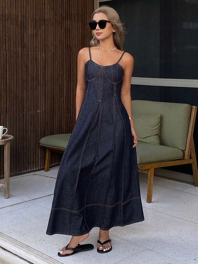 Women's Decorative Pleated Fitted Long Camisole Dress, Casual Denim Dress With Resort Vibe Summer