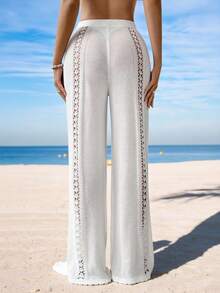 Swim Vcay Set di copricostume e pantaloni da donna per vacanza, in tinta unita, con design traforato e laccio in vita - Bianco - Visualizzare 2