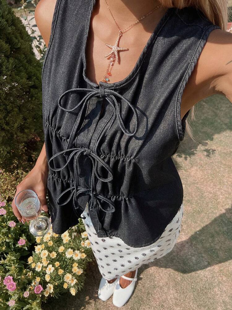 Women's Round Neck Sleeveless Bow Tie Front Open Denim Vest, Casual Denim Top Summer