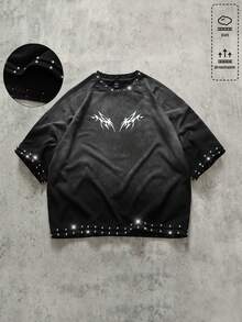 ROMWE MEN 男士铆钉水洗宽松T恤 - 黑色 - 查看 1