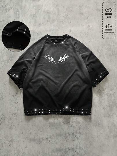 ROMWE MEN 男士铆钉水洗宽松T恤