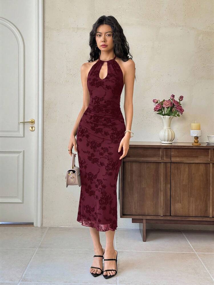 EastFlair Women's Elegant Floral Print Mesh Backless Midi Dress, Sexy & Fitted Winery Dresses For Women Wine Dress   Dress For Wedding Guest   , Wedding Guest Dress Elegant  Wedding Guest Dress Women   Fall Clothes For Women  Christmas Women's Clothing/Summerr\Flower\Party/ Summer Dress/Elegant Dress/Party Dress - Burgundy - View 5