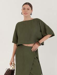 Women Army Green Batwing Sleeve Top And Pants 2 Pieces Set - Army Green - View 8