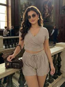 SHEIN MOD Plus Size Comfortable Set, Khaki Casual Brushed Ribbed Short Sleeve T-Shirt And Shorts Set, Spring/Summer Loungewear.Plus Size Taupe Ribbed Knit Two Piece Set Short Sleeve Top V Neck Wrap Front Drawstring Waist High Rise Shorts Soft Texture Lightweight Fabric Relaxed Fit Comfortable Wear Subtle Sheen Minimalist Style Elastic Waistband Casual Look Simple Design Gentle Stretch Summer Casual Outfit Woman Summer Outfit Set Shorts Outfit Set - Khaki - View 12