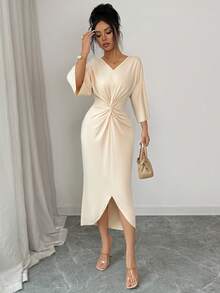 SHEIN PETITE Women's Casual V-Neck Twist Knot Slit Batwing Sleeve Cinched Waist Bodycon Dress - Apricot - View 5