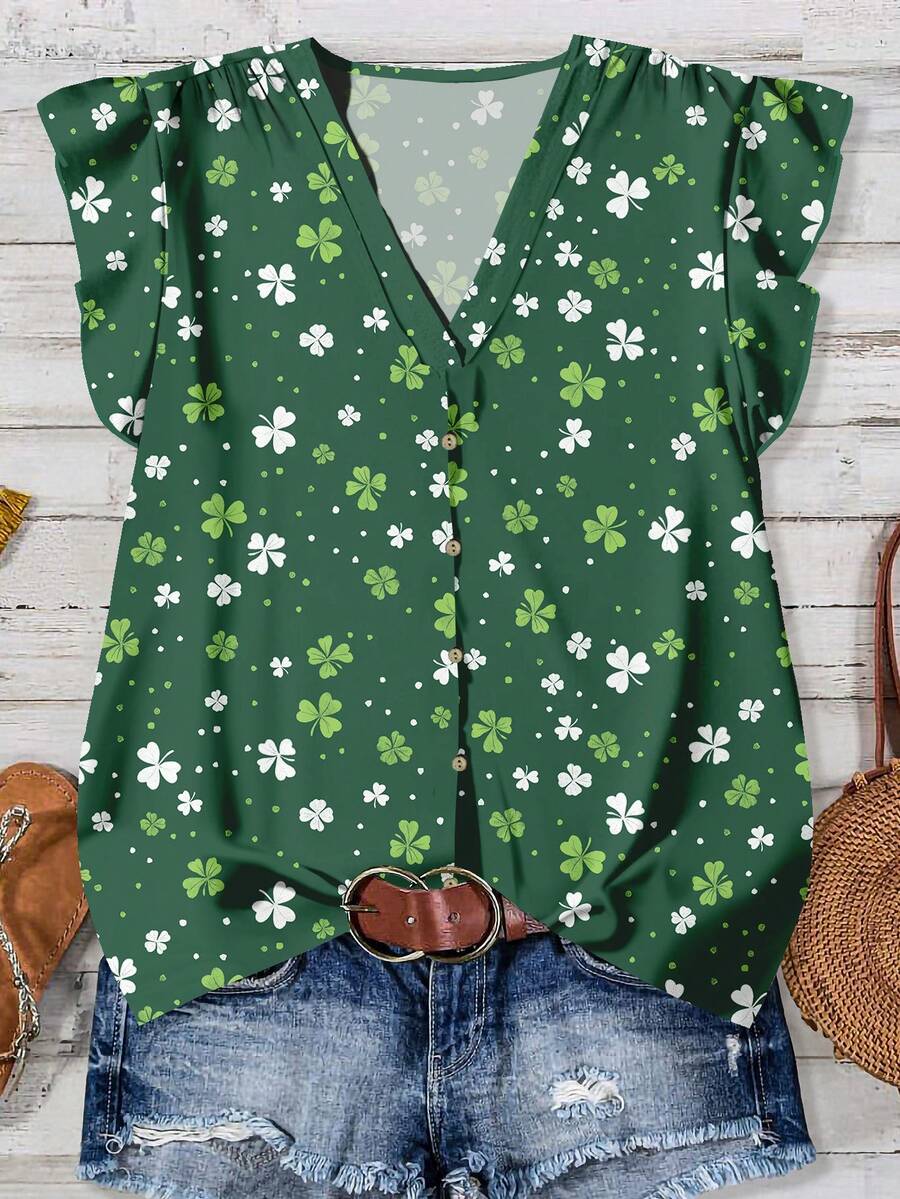 EMERY ROSE 女士三叶草印花休闲衬衫，适合夏季和圣帕特里克节穿着 - 彩色 - 查看 1