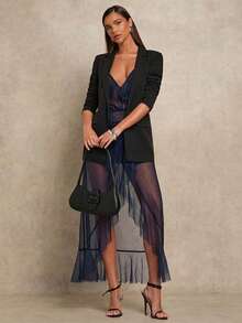 Glamine 女士优雅性感网纱波点吊带荷叶边薄纱连衣裙 - 藏蓝色 - 查看 3