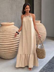 Selianne 1件装 女士休闲串珠褶皱A字喇叭形露背沙滩度假连衣裙，春夏款 - 卡其色 - 查看 4