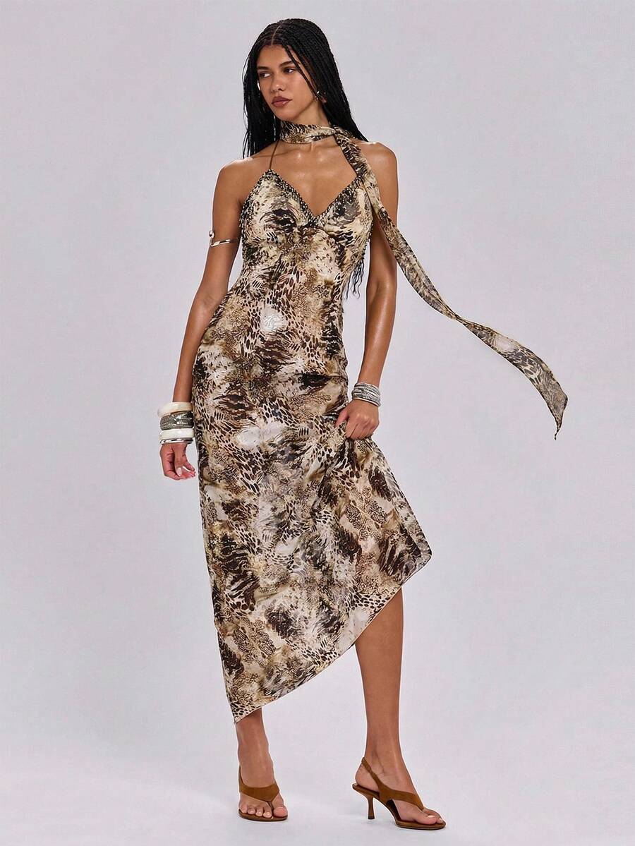 ROMWE Abito lungo da vacanza sexy in stile Y2K con decorazione di perline e stampa floreale - Multicolore - Visualizzare 1