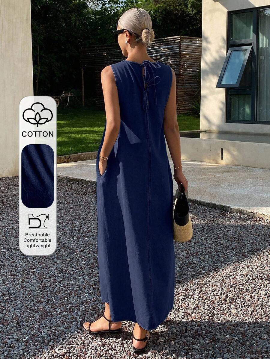 Livesso Women's Casual Loose Denim Sleeveless Round Neck Dress For Summer - Dark Wash - View 1