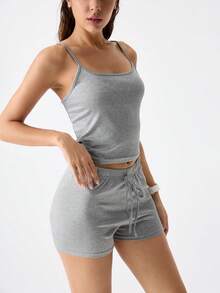 女士休闲简约吊带背心和短裤睡衣套装 - 灰色 - 查看 5