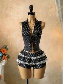 SaltGleam SaltGleam Bộ đồ 2 món gợi cảm cho kỳ nghỉ: áo và chân váy ren chấm bi phối ren. - Đen và trắng - Xem 6