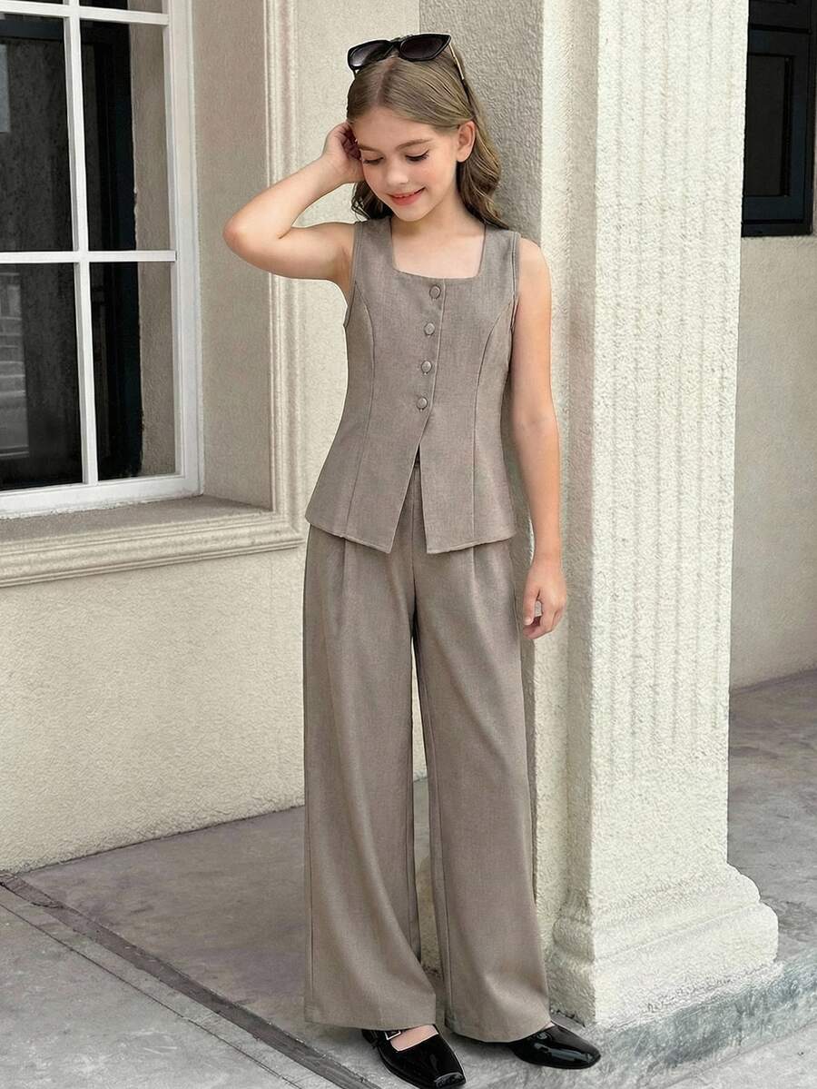 SHEIN 优雅两件套：无袖长款背心和阔腿裤，深卡其色，适合大童 - 卡其色 - 查看 1