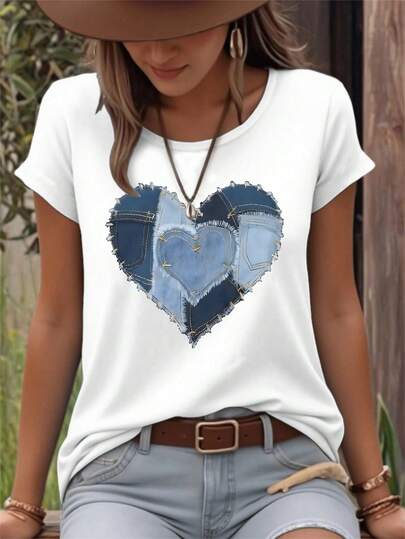 EMERY ROSE Plus Size Women's Denim Hot Stamping Heart-Shaped T-Shirt