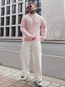 Artur Kramer 男士字母做旧圆领长袖休闲毛衣，秋冬 - 粉色 - 查看 1